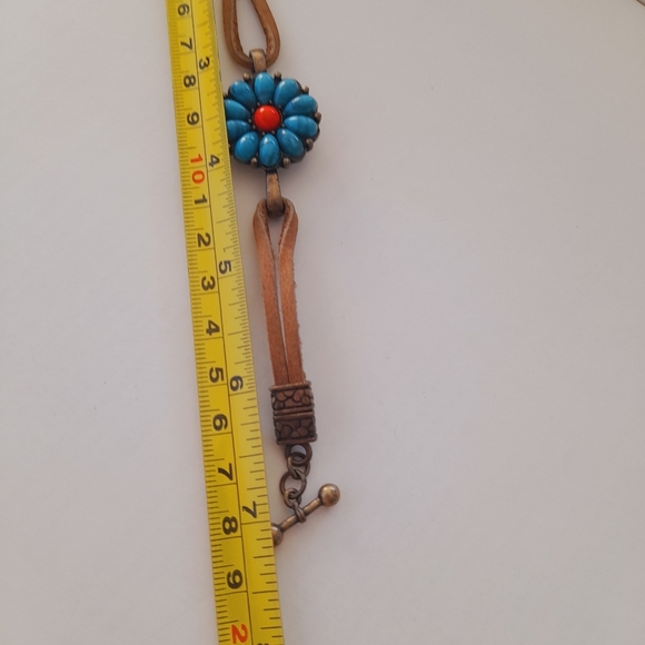 Brown Leather Bracelet With Torquiose And Red Accents - Picture 2 of 3